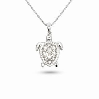 Superior Silver turtle pendant in 925 sterling silver featuring 0.5ct VVS moissanite stones on a dainty box chain.
