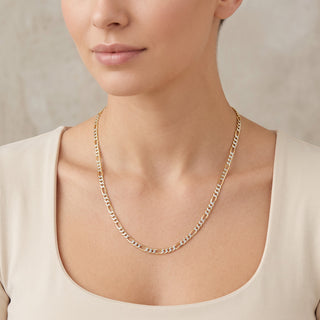 Superior Silver 10K two-tone gold Figaro link chain with diamond-cut facets worn around a woman's neck