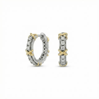Two Tone X Motif Moissanite Huggie Hoop Earrings in Sterling Silver view 4