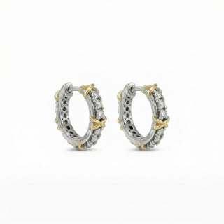 Two Tone X Motif Moissanite Huggie Hoop Earrings in Sterling Silver view 5
