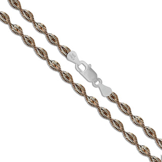 Superior Silver 3.4mm two-tone twist herringbone chain crafted from rose gold plated 925 sterling silver with lobster clasp