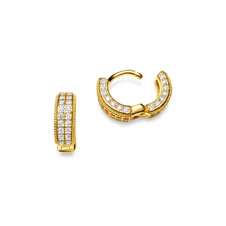 Three-Row Pavé Moissanite Huggie Hoop Earrings in yellow gold over sterling silver