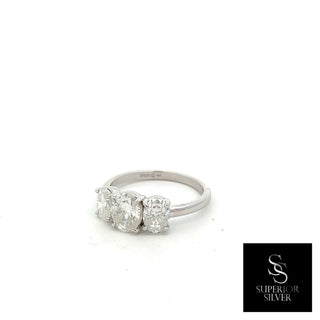 Three-Stone oval moissanite ring in sterling silver, view 2