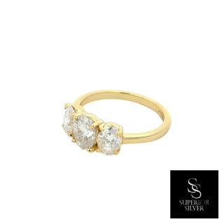 Three-Stone oval moissanite ring in yellow gold vermeil over sterling silver, view 2