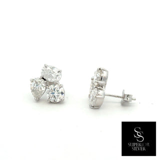Three-stone round cluster moissanite stud earrings in sterling silver, view 2