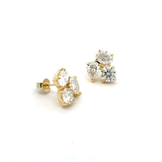 Three-stone round cluster moissanite stud earrings in yellow gold vermeil over sterling silver