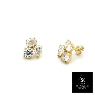 Three-stone round cluster moissanite stud earrings in yellow gold vermeil over sterling silver, view 2