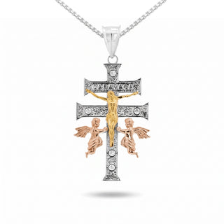 Three-Tone Caravaca Cross with Angels Moissanite Pendant in Sterling Silver on chain
