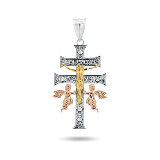 Three-Tone Caravaca Cross with Angels Moissanite Pendant in three-tone sterling silver