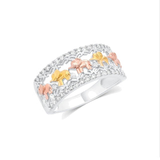 Three-Tone Elephant Parade Pavé Band Moissanite Ring in three-tone sterling silver