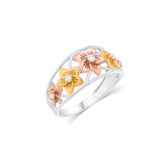 Three-Tone Five-Petal Flower Openwork Band Moissanite Ring in three-tone sterling silver