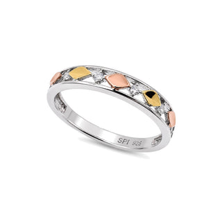 Three-Tone Open Band with Alternating Gold Accents Moissanite Ring in three-tone sterling silver