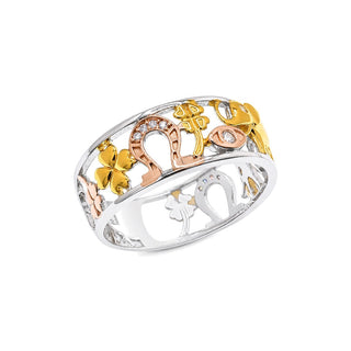 Three-Tone Openwork Lucky Charm Band Moissanite Ring in three-tone sterling silver