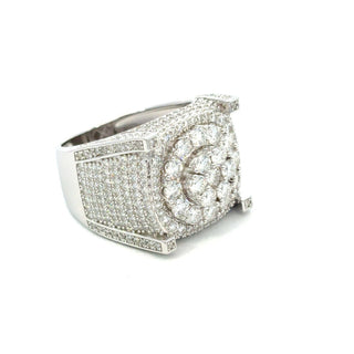 Tiered square signet with cluster center moissanite ring in sterling silver
