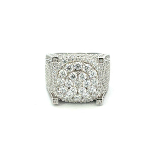 Tiered square signet with cluster center moissanite ring in sterling silver, view 2