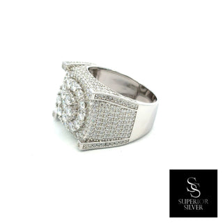Tiered square signet with cluster center moissanite ring in sterling silver, view 3