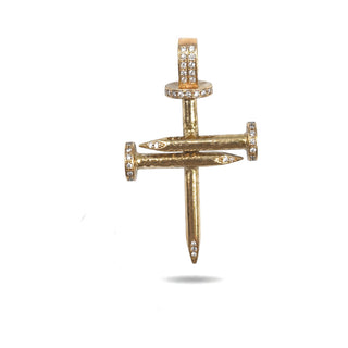 Triple Nail Cross 18K Yellow Gold Natural Diamond Pendant close up