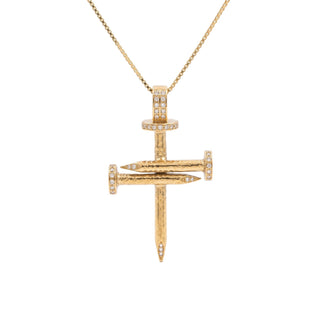 Triple Nail Cross 18K Yellow Gold Natural Diamond Pendant on chain