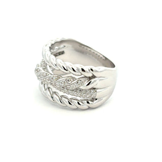 Twisted rope crossover with pavé band moissanite ring in sterling silver
