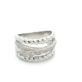 Twisted rope crossover with pavé band moissanite ring in sterling silver, view 2