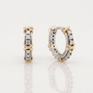 Two tone 10mm slim moissanite X motif huggie hoop earrings, hero