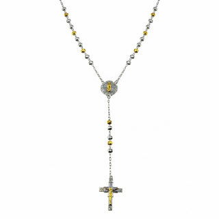 Two-Tone Beaded Cross Rosary Moissanite Necklace in two-tone sterling silver