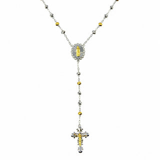 Two-Tone Beaded Rosary Moissanite Necklace in two-tone sterling silver