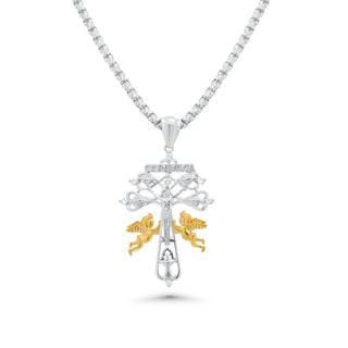 Two-Tone Caravaca Cross with Angels Moissanite Pendant in two-tone sterling silver