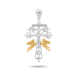 Two-Tone Caravaca Cross with Angels Moissanite Pendant in Sterling Silver