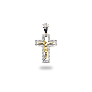 Two-Tone Crucifix on Pavé Frame Cross Moissanite Pendant in two-tone sterling silver