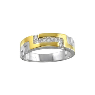 Two-Tone Geometric Key Pattern Band Moissanite Ring in two-tone sterling silver