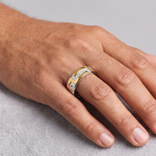 Two-Tone Geometric Key Pattern Band Moissanite Ring in two-tone sterling silver, worn on hand