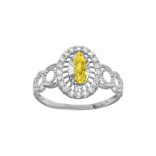 Two-Tone Lady of Guadalupe with Open Circle Shank Moissanite Ring in two-tone sterling silver