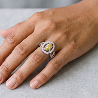 Two-Tone Lady of Guadalupe with Open Circle Shank Moissanite Ring in two-tone sterling silver, worn on hand