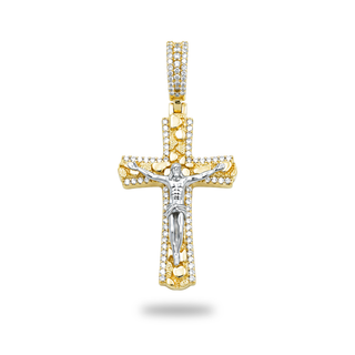Two-Tone Nugget Crucifix with Pavé Border Moissanite Pendant