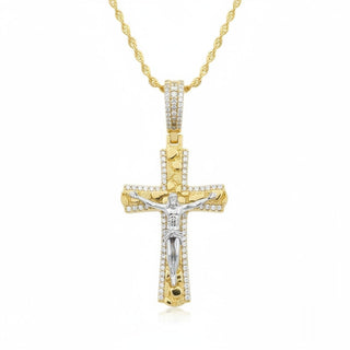 Two-Tone Nugget Crucifix with Pavé Border Moissanite Pendant view 2