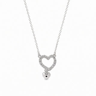 Two-Tone Open Heart with Dangling Heart Charm Moissanite Necklace in two-tone sterling silver