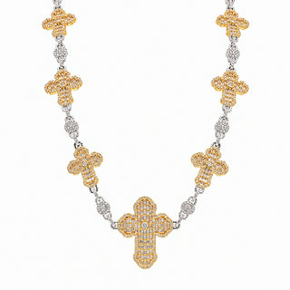 Two-Tone Pavé Budded Cross Station Moissanite Necklace in two-tone sterling silver