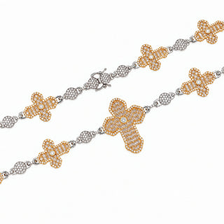 Two-Tone Pavé Budded Cross Station Moissanite Necklace in two-tone sterling silver, view 2