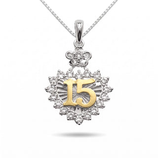 Two-Tone Quinceañera 15 Floral Halo Heart Moissanite Pendant in Sterling Silver on chain