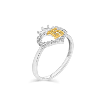 Two-Tone Quinceanera 15 Crown Heart Moissanite Ring in two-tone sterling silver
