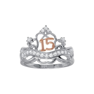 Two-Tone Quinceanera 15 Filigree Tiara Moissanite Ring in two-tone sterling silver