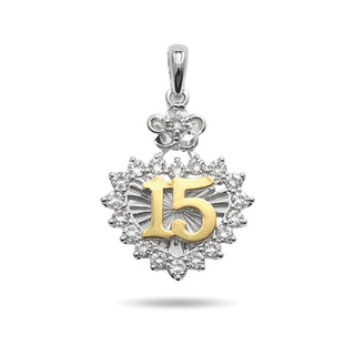 Two-Tone Quinceañera 15 Floral Halo Heart Moissanite Pendant in two-tone sterling silver