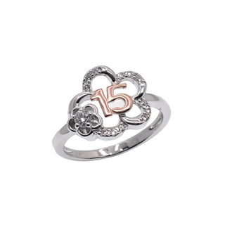 Two-Tone Quinceanera 15 Open Flower Moissanite Ring in two-tone sterling silver
