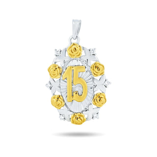 Two-Tone Quinceañera 15 Rose Oval Moissanite Pendant in two-tone sterling silver