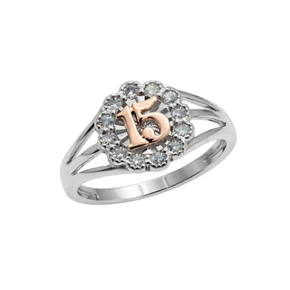Two-Tone Quinceanera 15 Scalloped Halo Split Shank Moissanite Ring in two-tone sterling silver