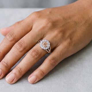 Two-Tone Quinceanera 15 Scalloped Halo Split Shank Moissanite Ring in two-tone sterling silver, worn on hand