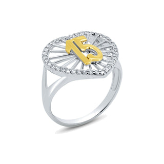 Two-Tone Quinceanera 15 Sunburst Heart Moissanite Ring in two-tone sterling silver