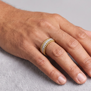 Two-Tone Rope Edge Eternity Band Moissanite Ring in two-tone sterling silver, worn on hand