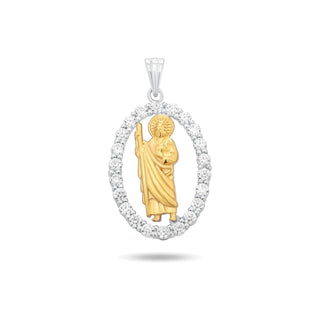 Two-Tone Saint Jude Oval Halo Moissanite Pendant in two-tone sterling silver